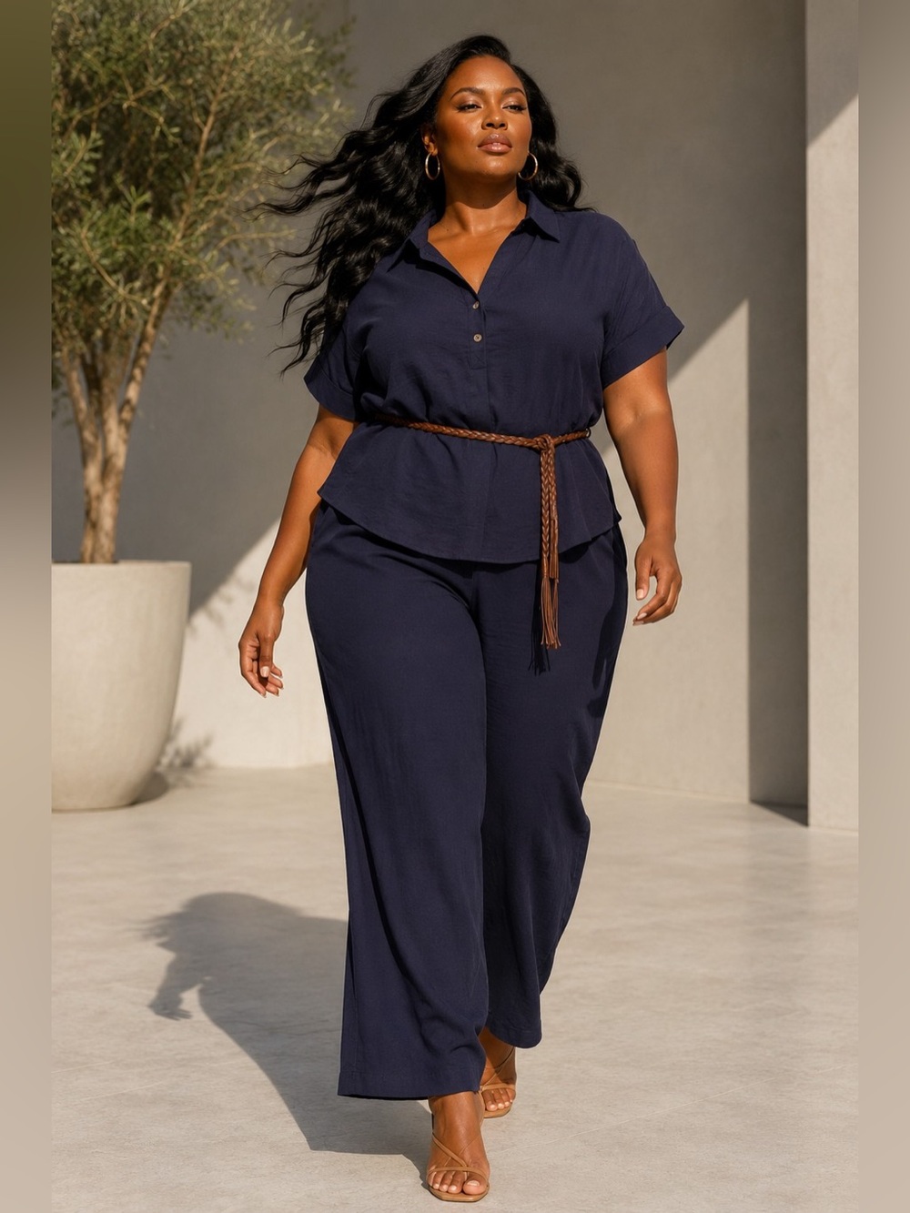 NWT Plus Size Navy Short-Sleeve Shirt and Pants Set with Braided Belt | 2 Piece